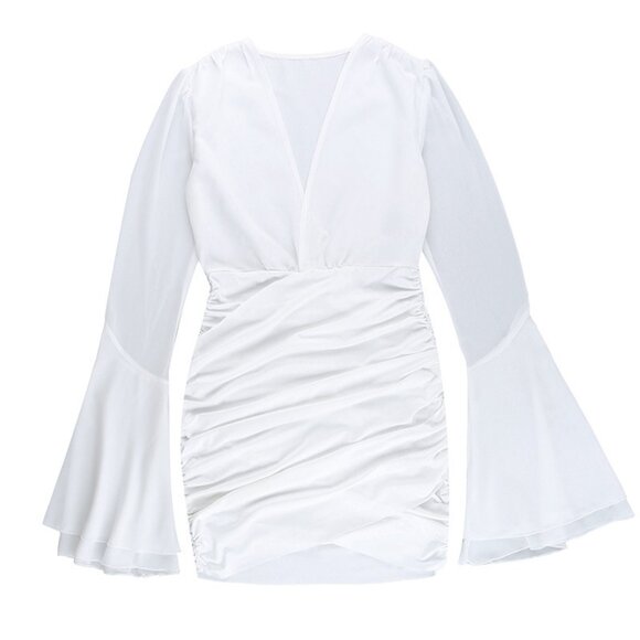 NEW Deep V-Neck Ruched Mini Dress  2P [ White/Black] - Picture 5 of 13